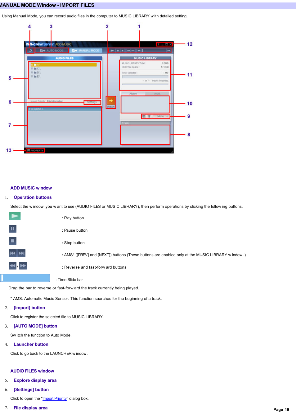 Manual mode window - import files, Manual mode, To record w | Sony NAS-CZ1 User Manual | Page 19 / 53