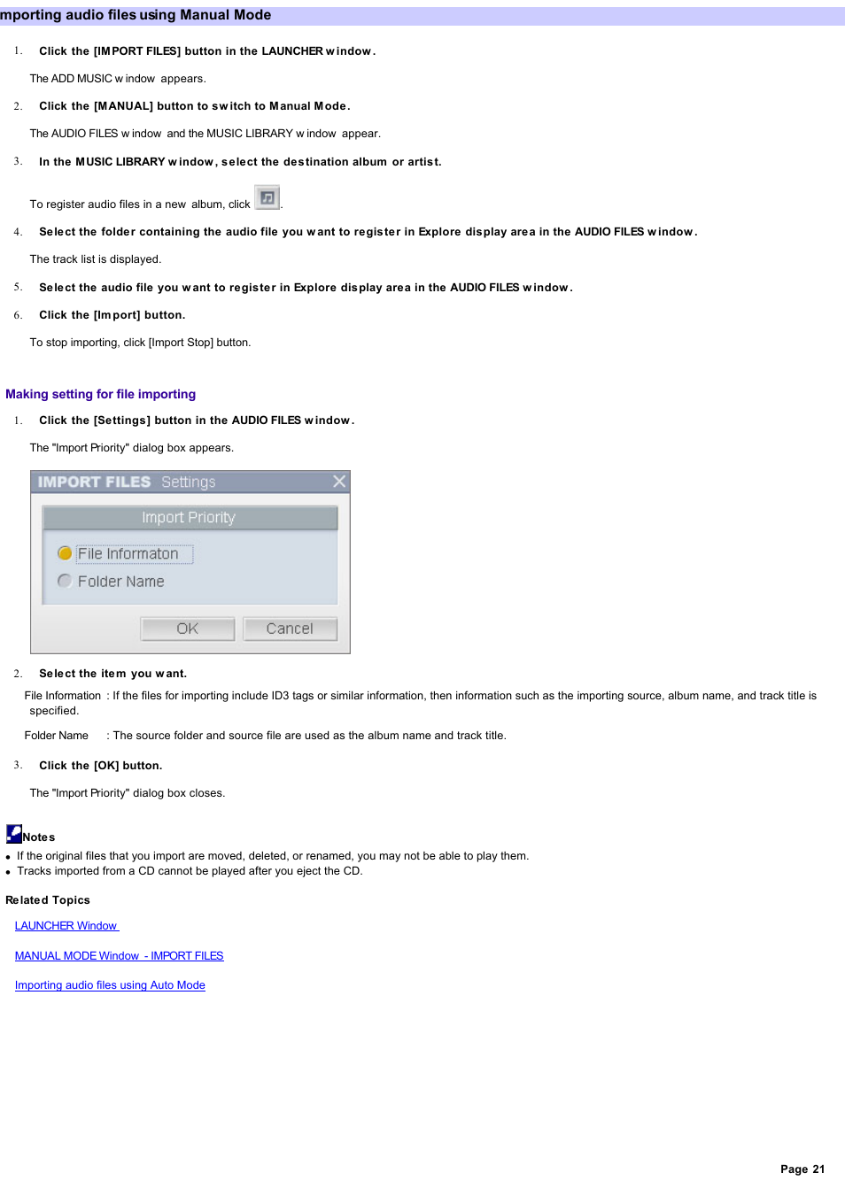 Importing audio files using manual mode | Sony NAS-CZ1 User Manual | Page 21 / 53