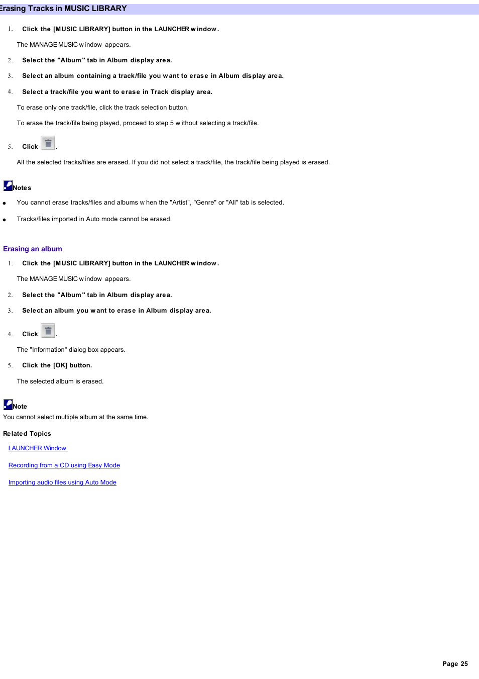 Erasing tracks in music library, To erase the selected track or album | Sony NAS-CZ1 User Manual | Page 25 / 53