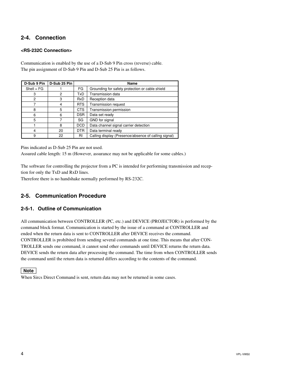 4. connection, 5. communication procedure, 5-1. outline of communication | Sony VPL-VW50 User Manual | Page 8 / 16