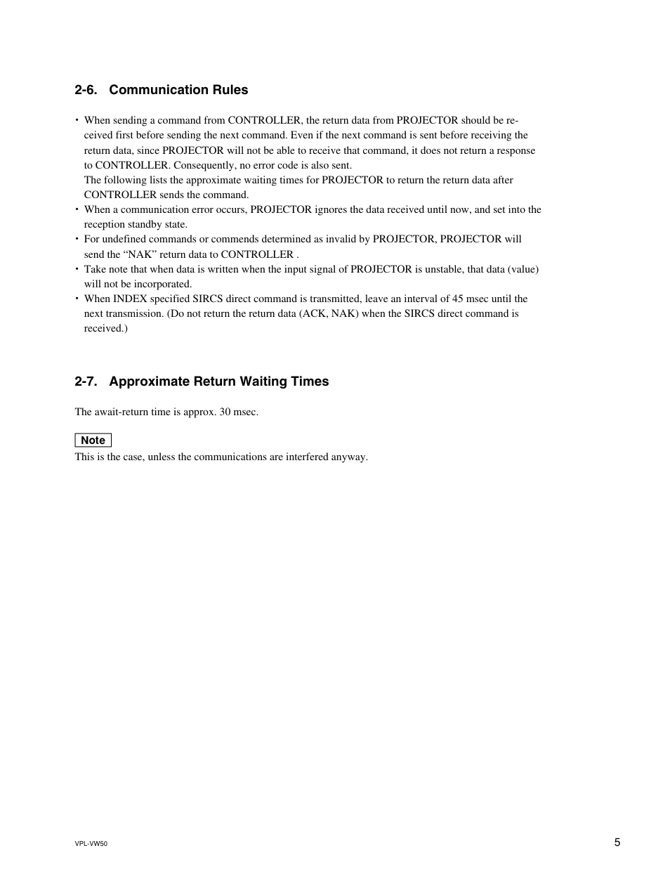 6. communication rules, 7. approximate return waiting times | Sony VPL-VW50 User Manual | Page 9 / 16