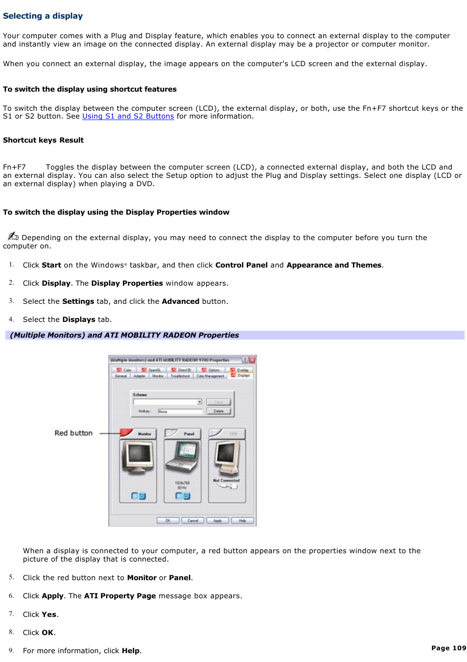 Selecting a display, And flat-panel display. see, For more information | Sony VGN-S360P User Manual | Page 109 / 202