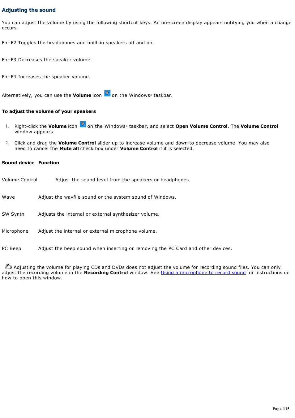 Adjusting the sound | Sony VGN-S360P User Manual | Page 115 / 202