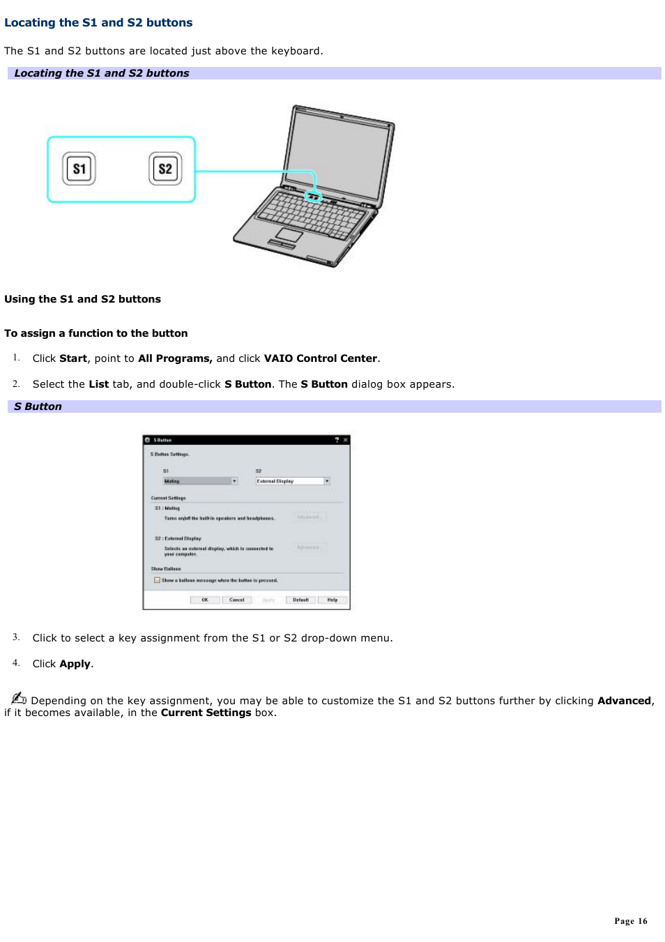 Locating the s1 and s2 buttons | Sony VGN-S360P User Manual | Page 16 / 202