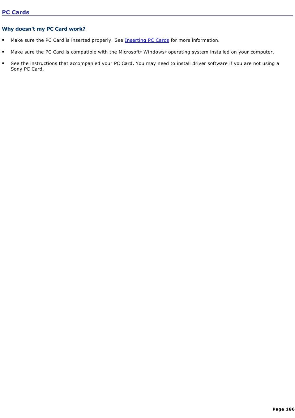 Why doesn't my pc card work, Pc cards | Sony VGN-S360P User Manual | Page 186 / 202