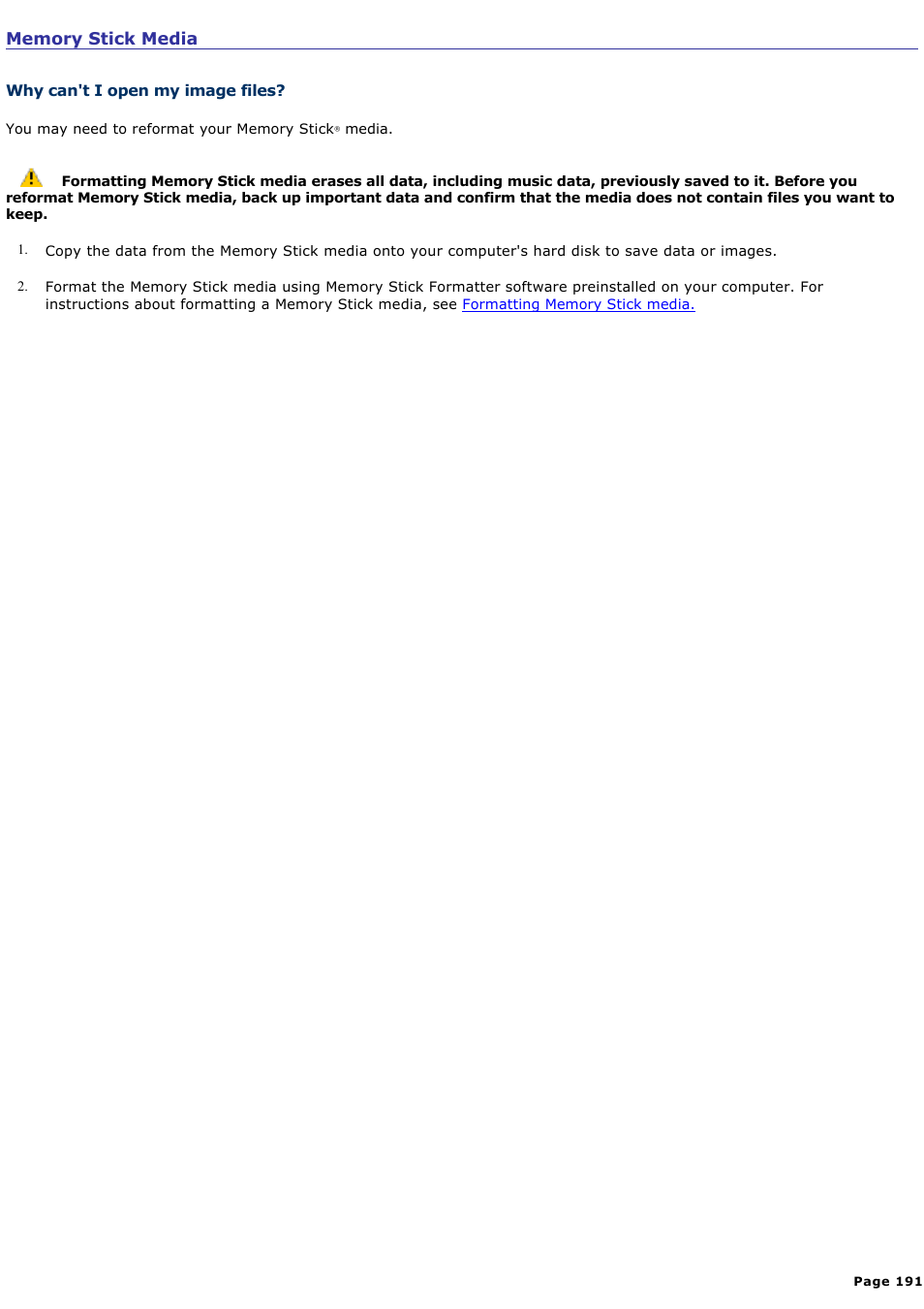 Memory stick media | Sony VGN-S360P User Manual | Page 191 / 202
