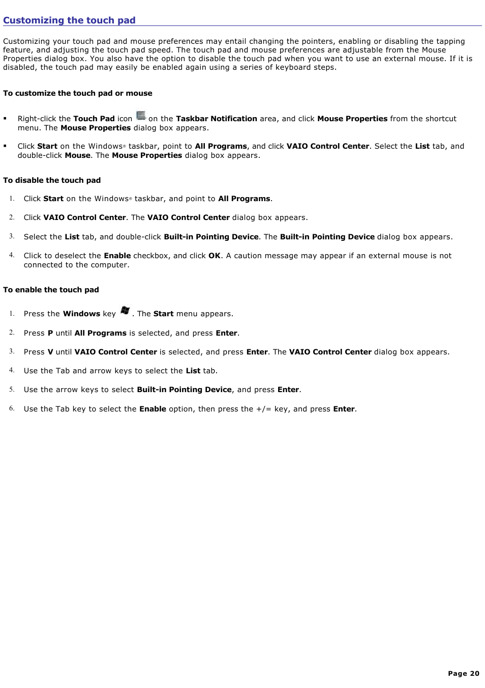 Customizing the touch pad | Sony VGN-S360P User Manual | Page 20 / 202