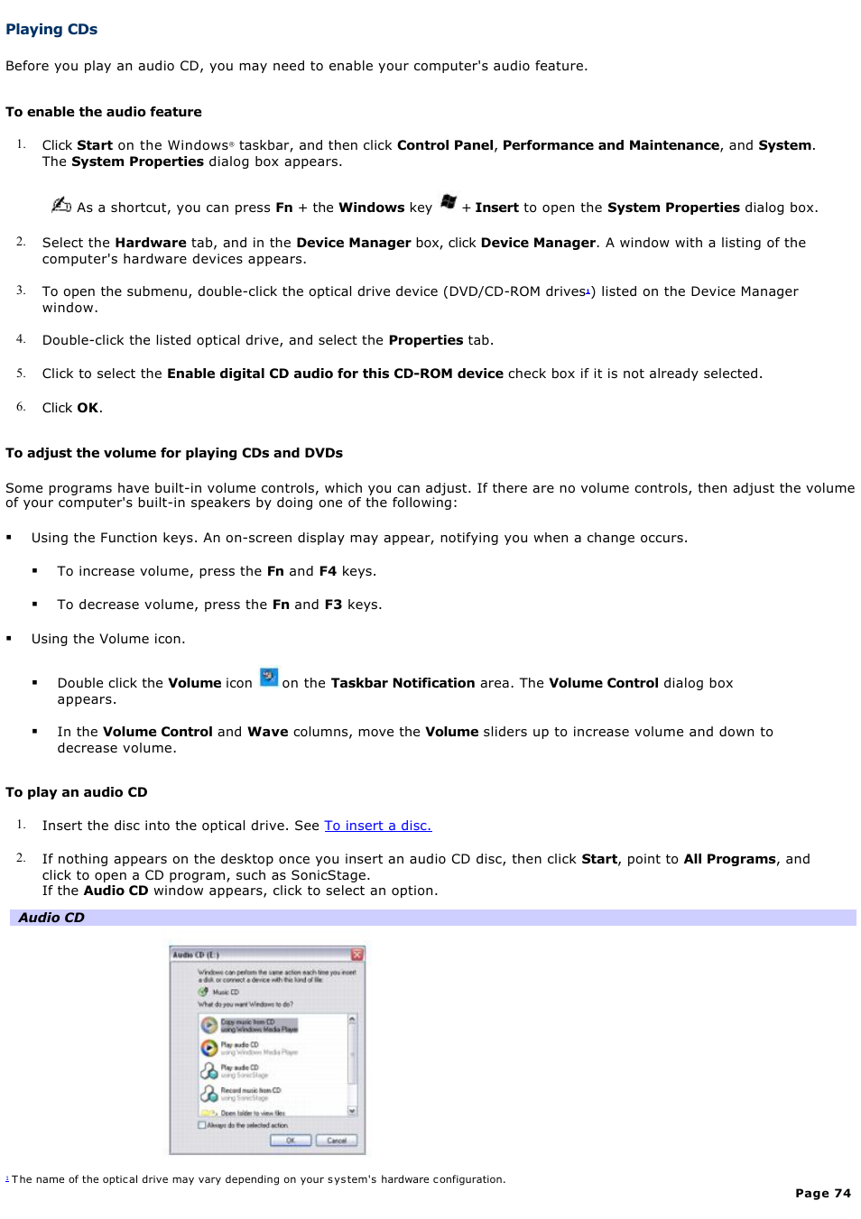 Playing cds | Sony VGN-S360P User Manual | Page 74 / 202