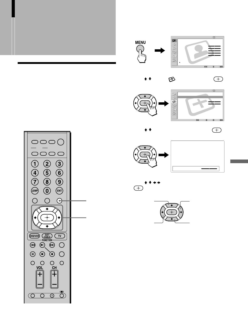 Using advanced features, Adjusting the picture position vertically, Adjusting the picture position | Vertically, Press v/v to select (screen), then press, Press v/v to select “v center,” then press, Press v/v/b/b to adjust the position, then press, Press menu to exit the menu screen | Sony KE-42M1 User Manual | Page 57 / 84