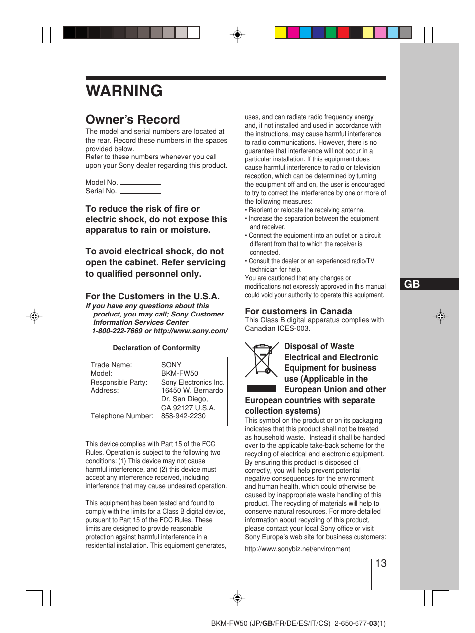 Warning, Owner’s record | Sony BKM-FW50 User Manual | Page 13 / 64