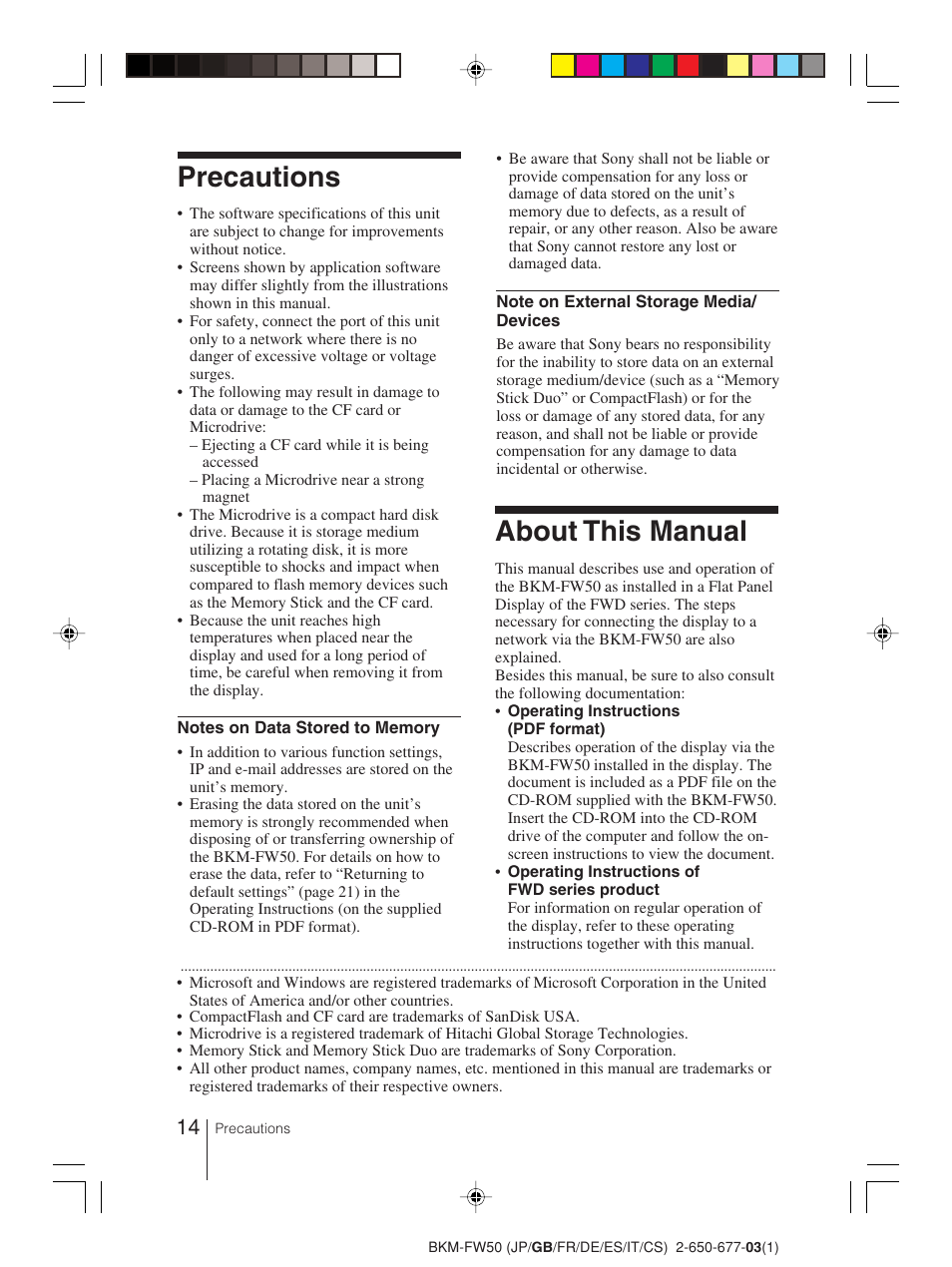 Precautions, About this manual | Sony BKM-FW50 User Manual | Page 14 / 64