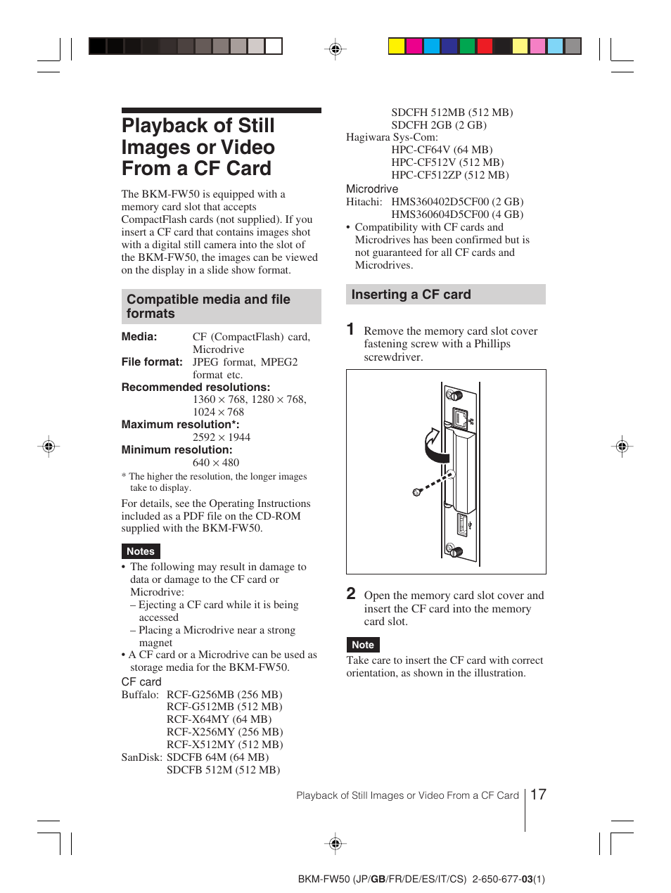 Playback of still images or video from a cf card | Sony BKM-FW50 User Manual | Page 17 / 64
