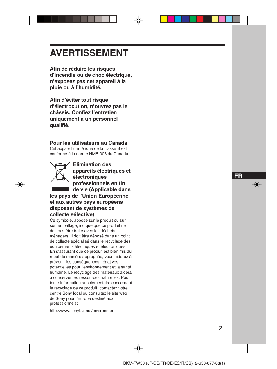 Avertissement | Sony BKM-FW50 User Manual | Page 21 / 64