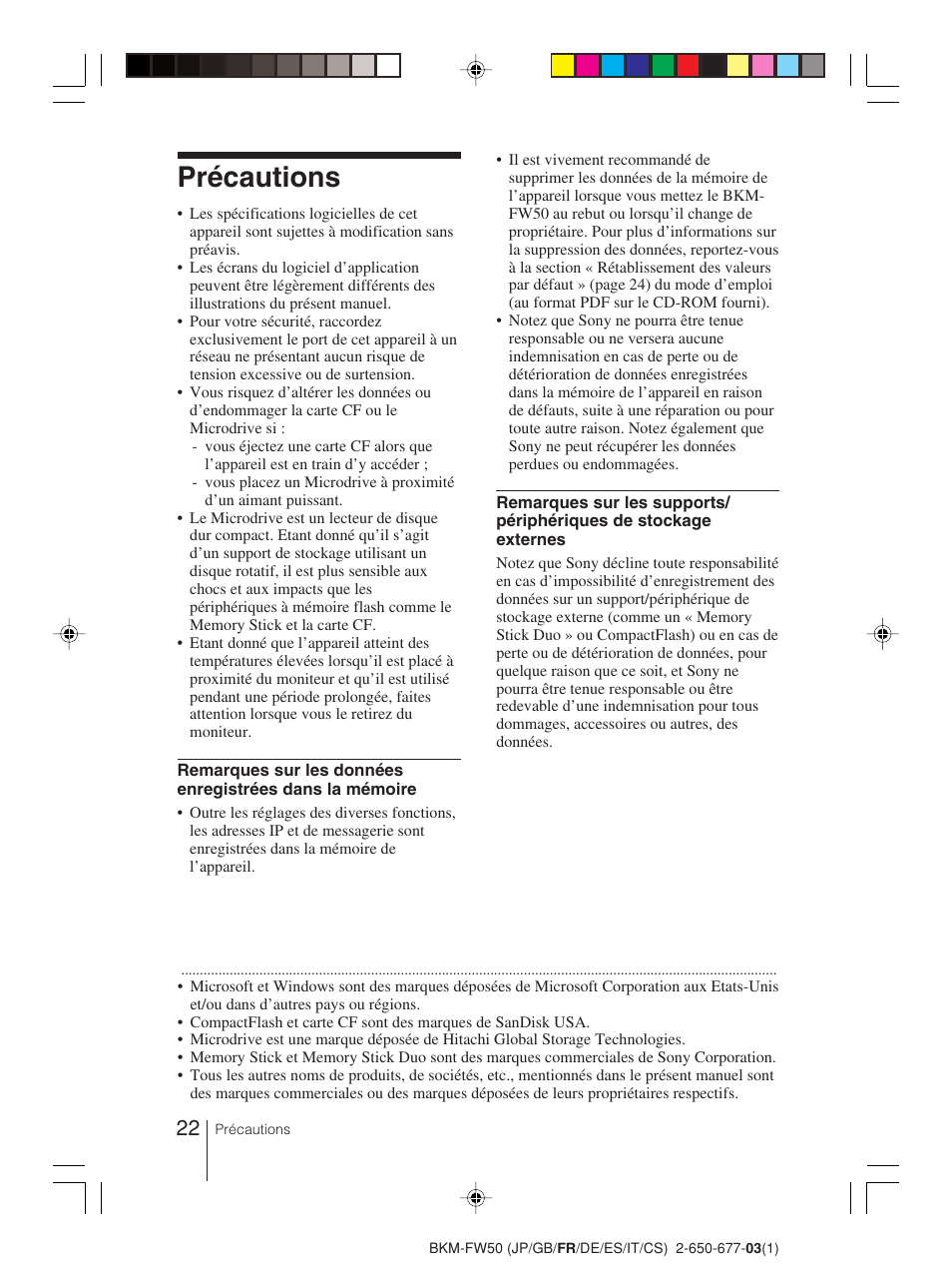 Précautions | Sony BKM-FW50 User Manual | Page 22 / 64