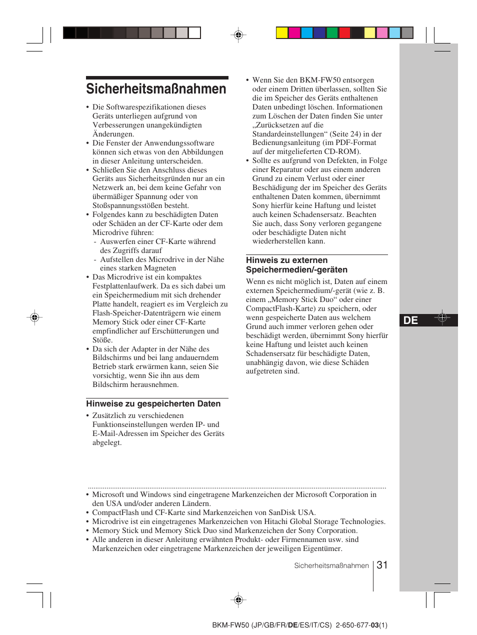 Sicherheitsmaßnahmen | Sony BKM-FW50 User Manual | Page 31 / 64