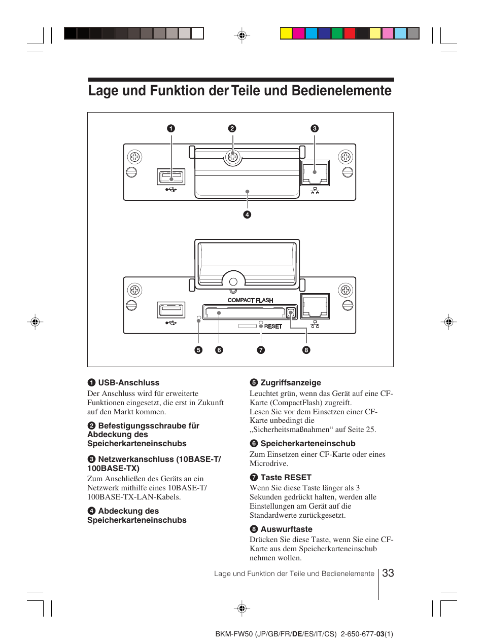 Lage und funktion der teile und bedienelemente | Sony BKM-FW50 User Manual | Page 33 / 64