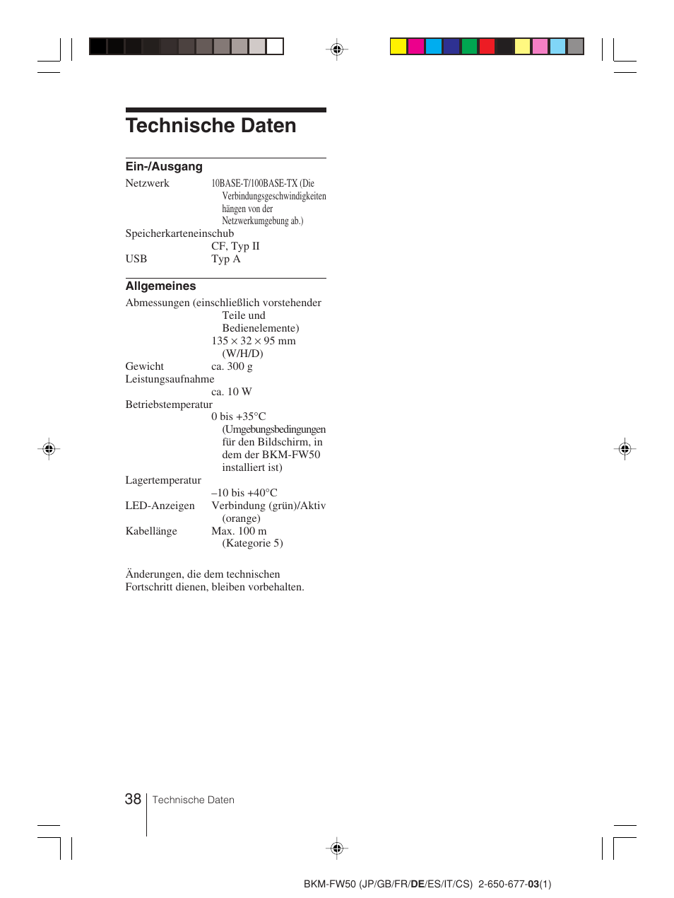 Technische daten | Sony BKM-FW50 User Manual | Page 38 / 64