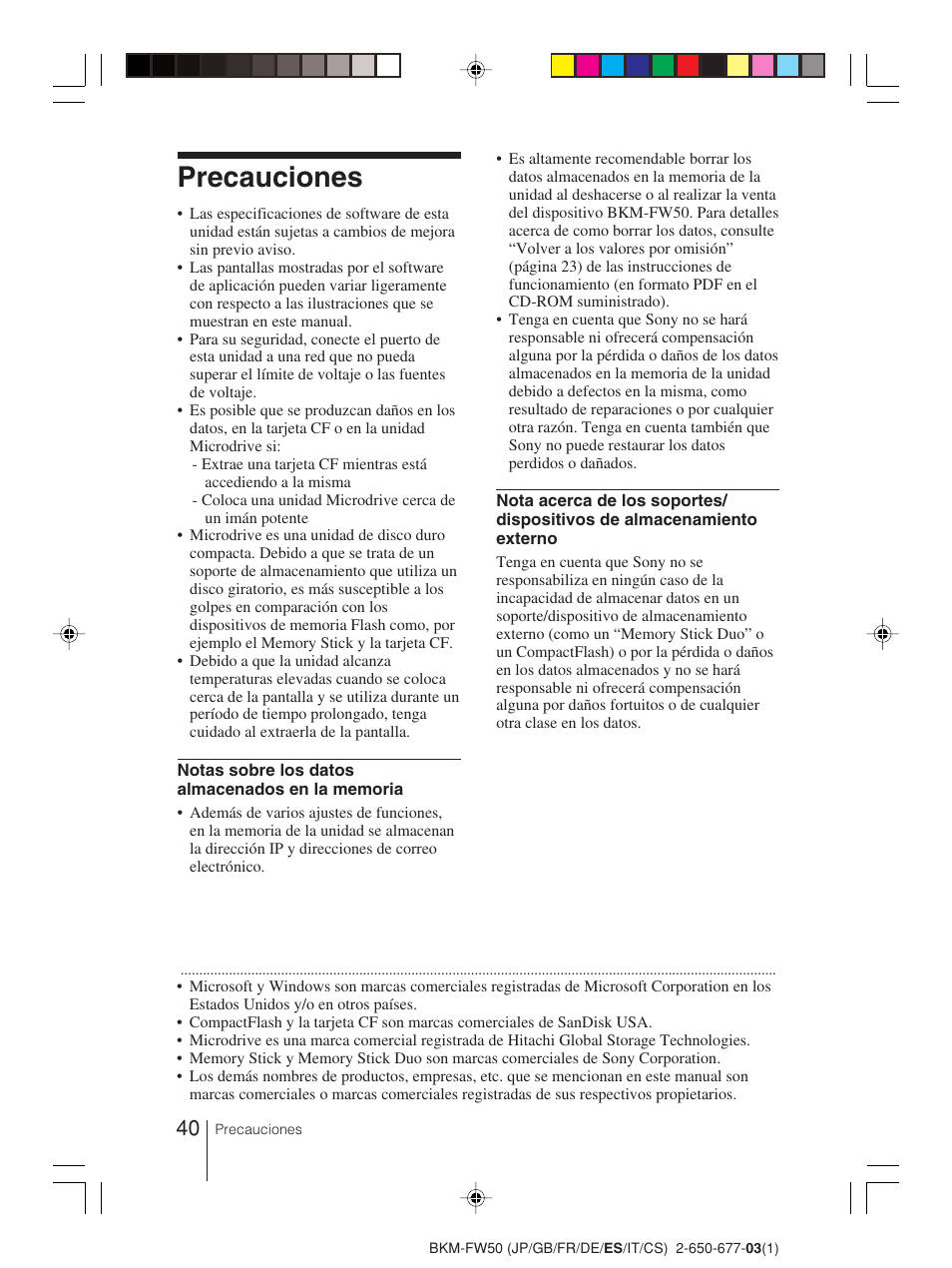 Precauciones | Sony BKM-FW50 User Manual | Page 40 / 64