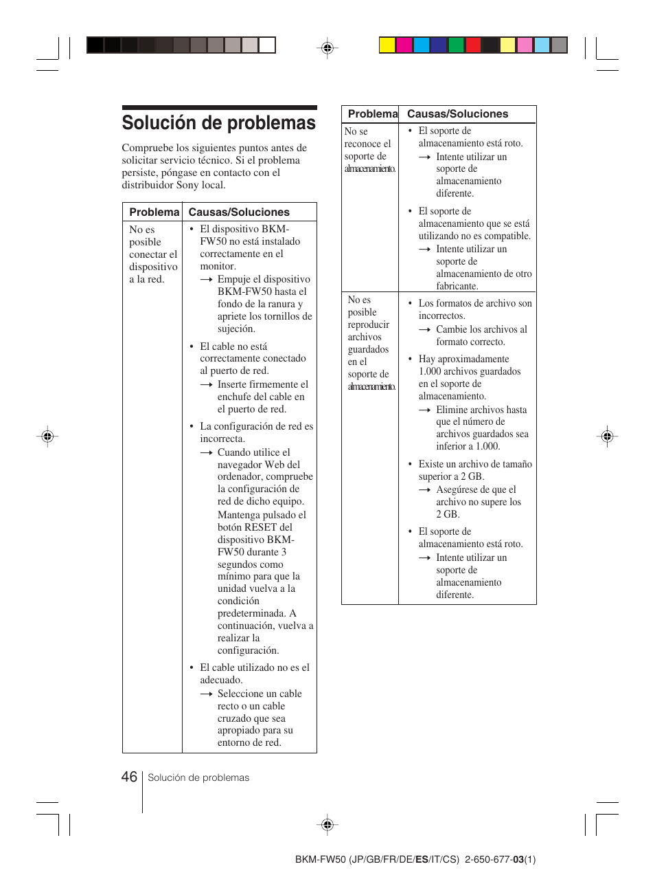Solución de problemas | Sony BKM-FW50 User Manual | Page 46 / 64