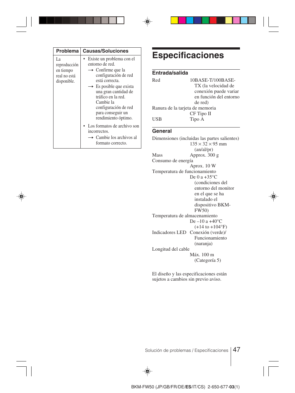 Especificaciones | Sony BKM-FW50 User Manual | Page 47 / 64