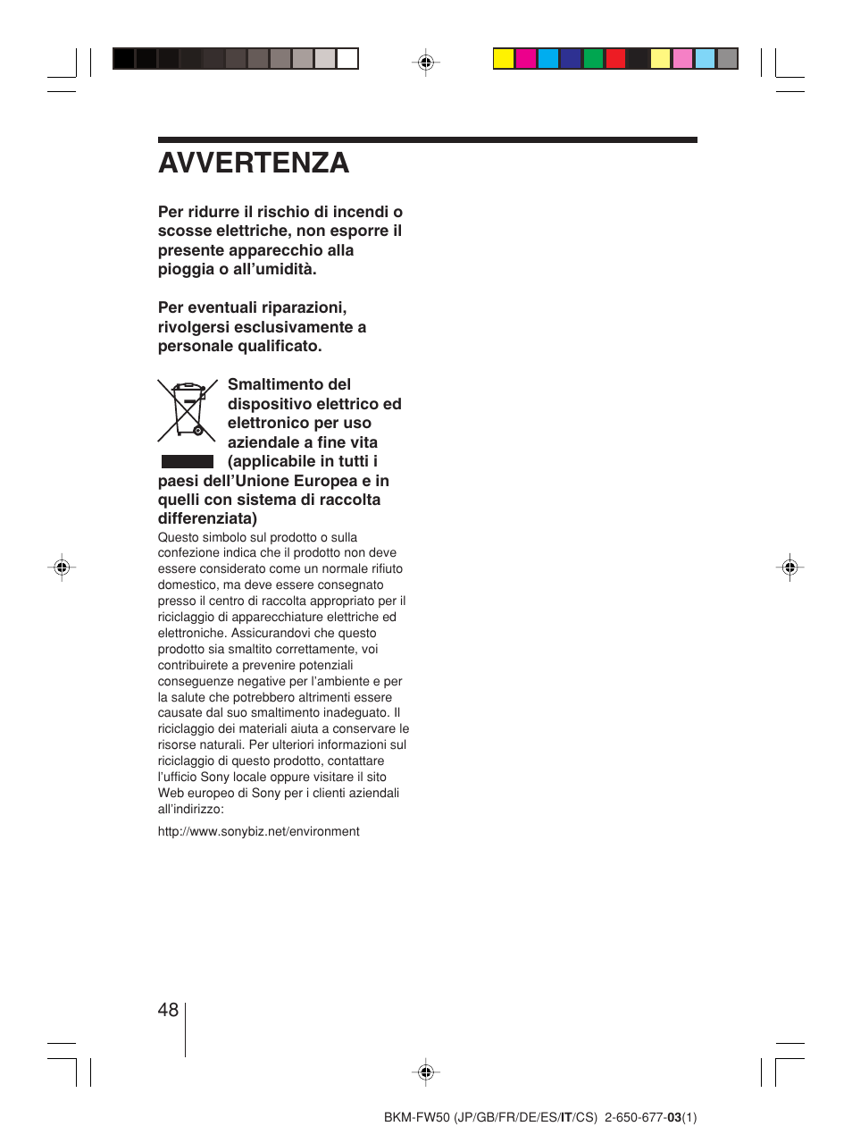 Avvertenza | Sony BKM-FW50 User Manual | Page 48 / 64