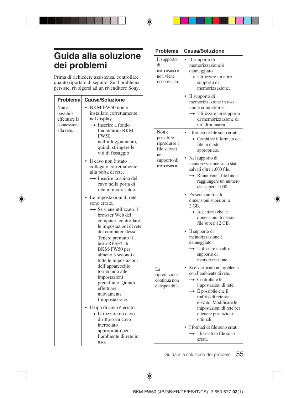 Guida alla soluzione dei problemi | Sony BKM-FW50 User Manual | Page 55 / 64