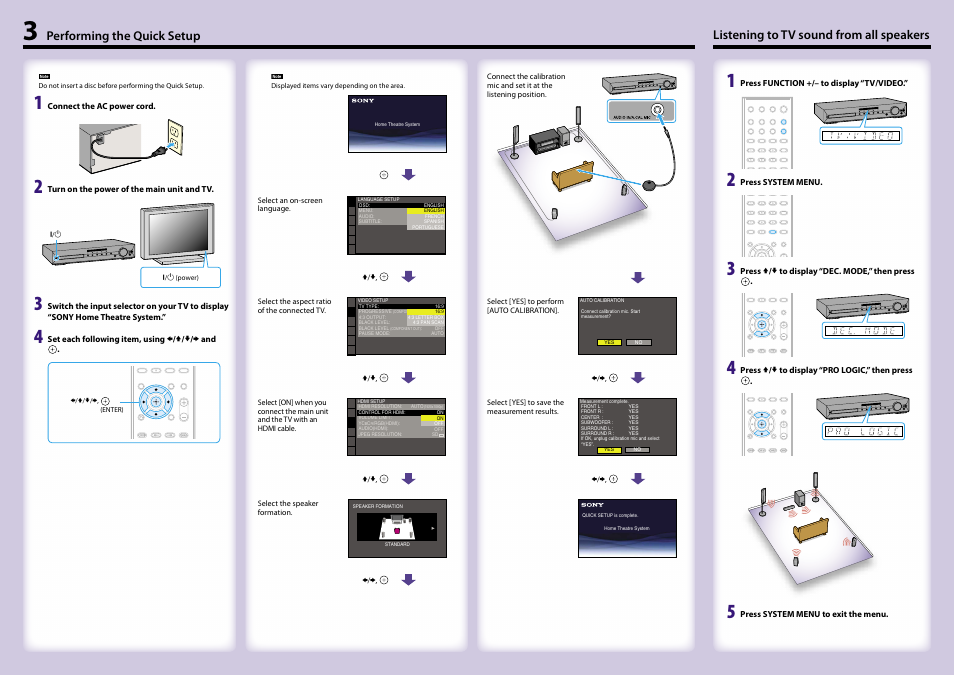 Listening to tv sound from all speakers, Performing the quick setup | Sony DAV-HDX585 User Manual | Page 2 / 2