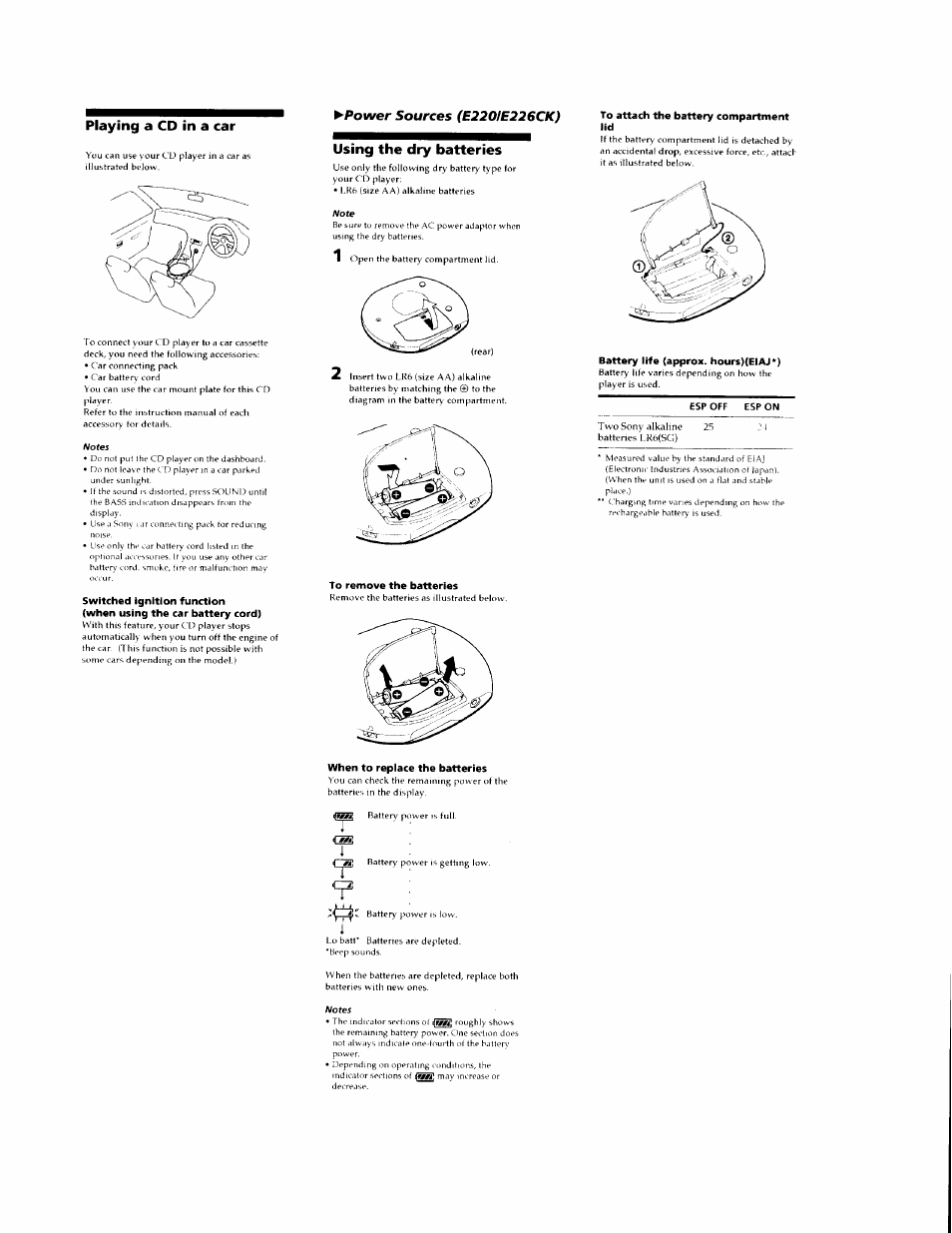 Playing a cd in a car, To remove the batteries, To attach the battery compartment lid | Battery life (approx. hours)(eiaj*), When to replace the batteries, Power, Using the dry batteries | Sony D-E226CK User Manual | Page 3 / 4