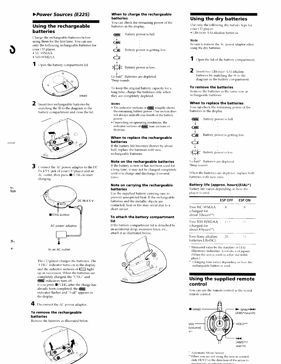 Power sources (e22s), Using the rechargeable batteries, Using the dry batteries | Using the supplied remote control | Sony D-E226CK User Manual | Page 4 / 4