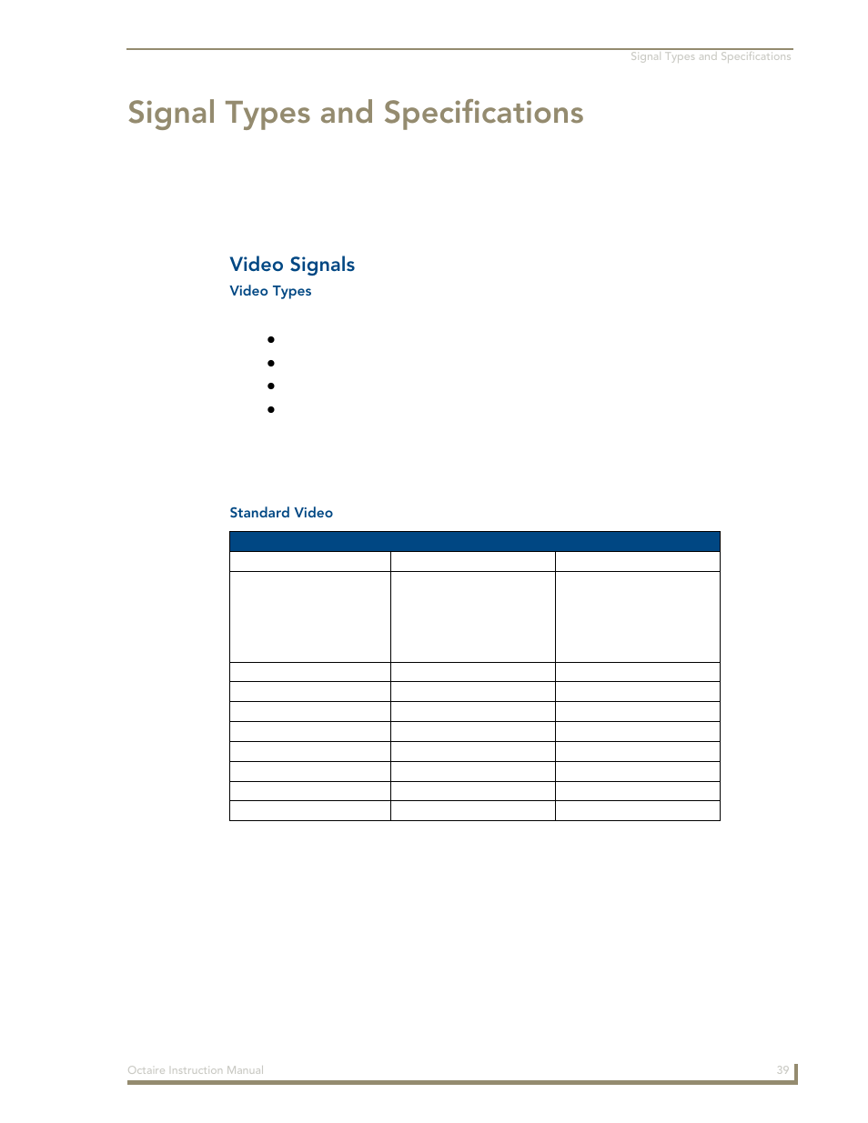 Signal types and specifications, Video signals | AMX Distribution Matrix Octaire User Manual | Page 43 / 105