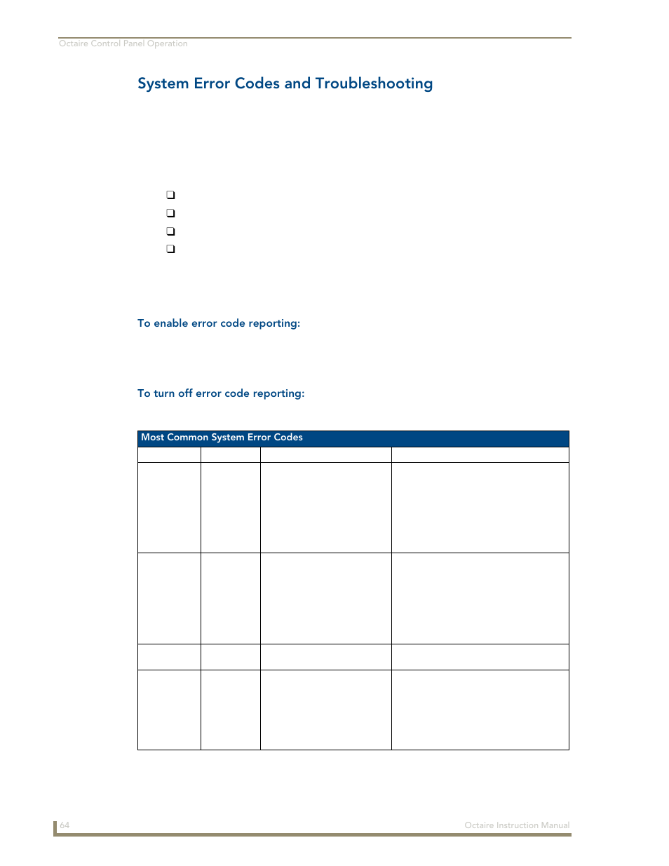 System error codes and troubleshooting | AMX Distribution Matrix Octaire User Manual | Page 68 / 105