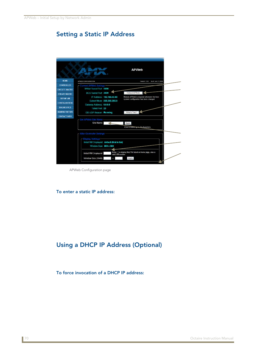 Setting a static ip address, Using a dhcp ip address (optional) | AMX Distribution Matrix Octaire User Manual | Page 74 / 105