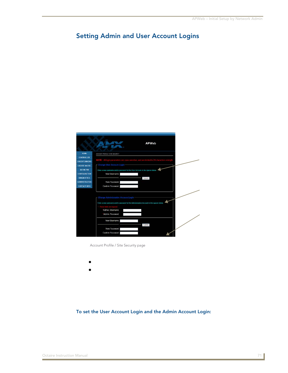 Setting admin and user account logins | AMX Distribution Matrix Octaire User Manual | Page 75 / 105