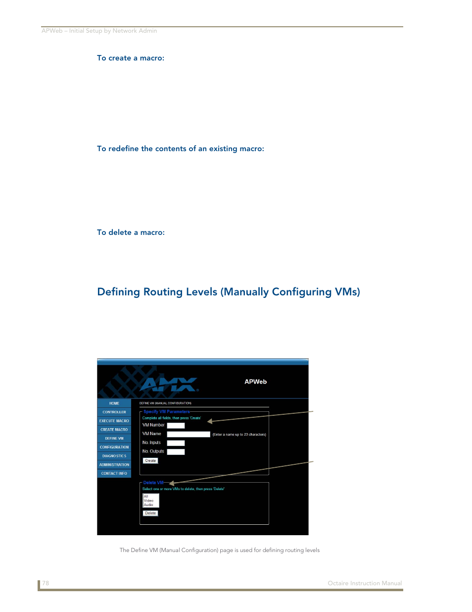 Defining routing levels (manually configuring vms) | AMX Distribution Matrix Octaire User Manual | Page 82 / 105