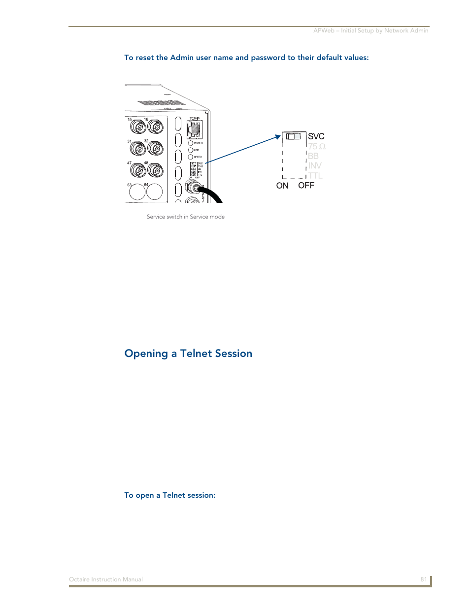 Opening a telnet session | AMX Distribution Matrix Octaire User Manual | Page 85 / 105