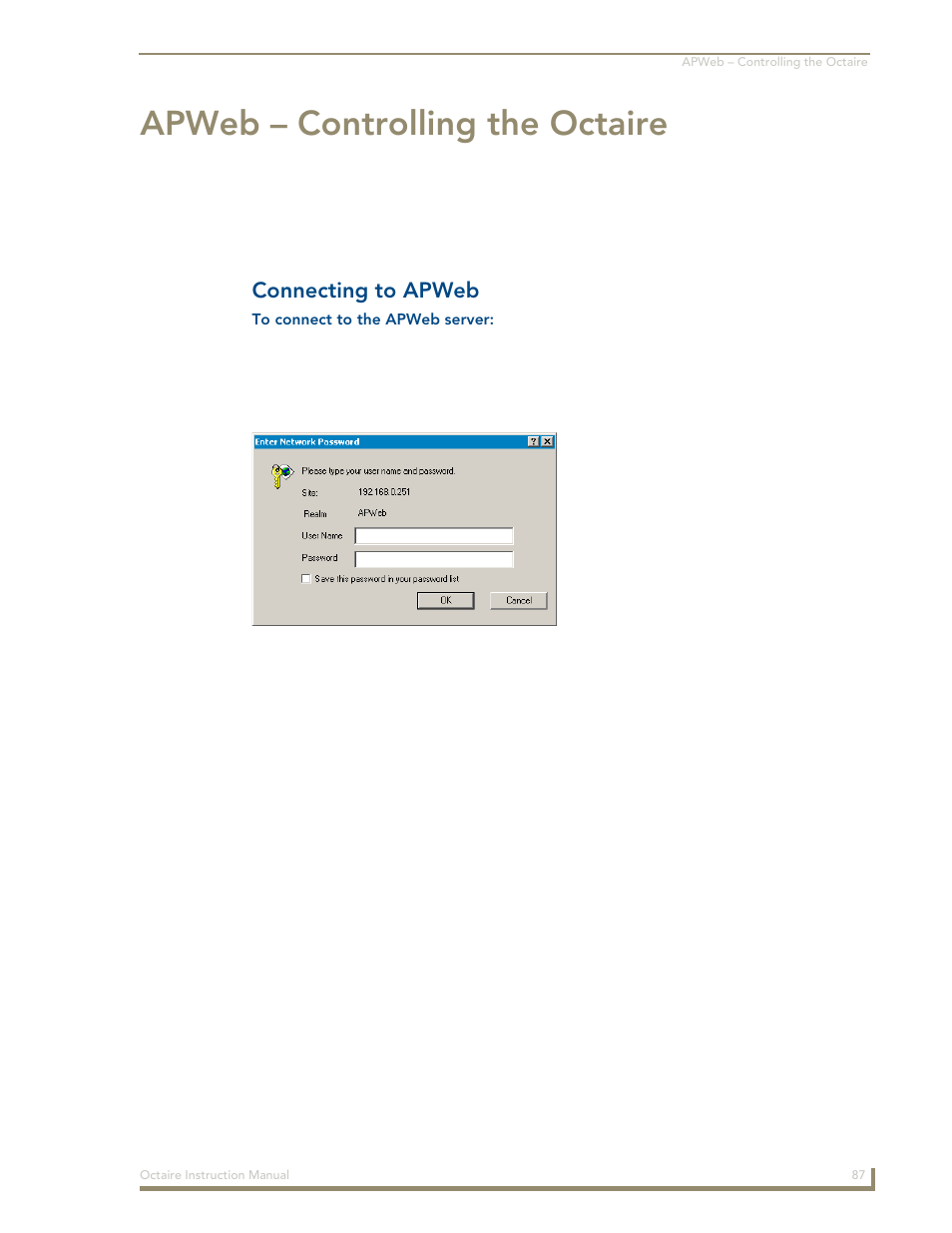 Apweb - controlling the octaire, Connecting to apweb, Apweb – controlling the octaire | AMX Distribution Matrix Octaire User Manual | Page 91 / 105