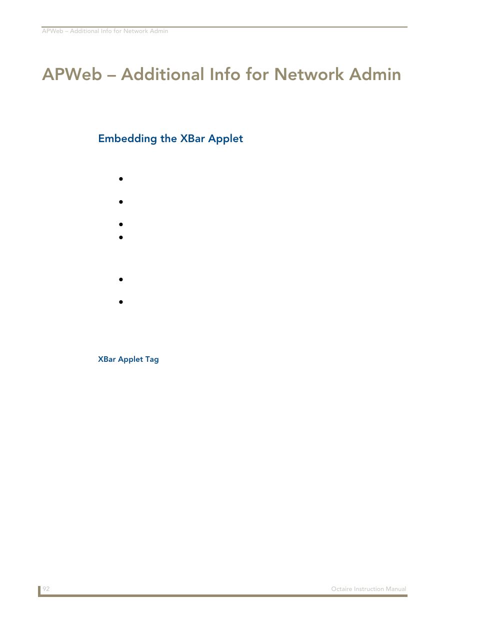 Apweb - additional info for network admin, Embedding the xbar applet, Apweb – additional info for network admin | AMX Distribution Matrix Octaire User Manual | Page 96 / 105