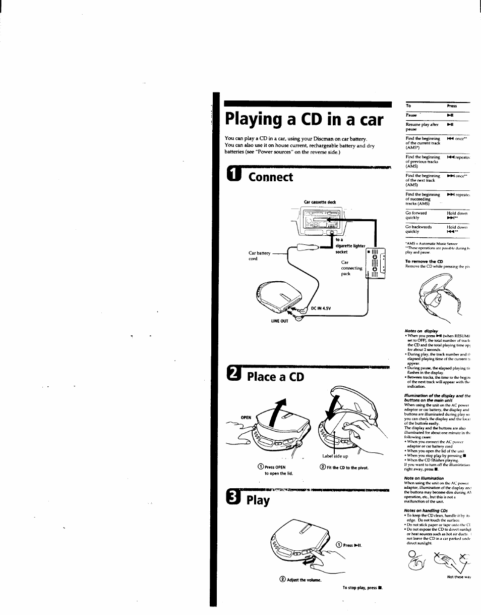 Playing a cd in a car, Connect, Place a cd | El play, Play | Sony D-M801 User Manual | Page 2 / 5