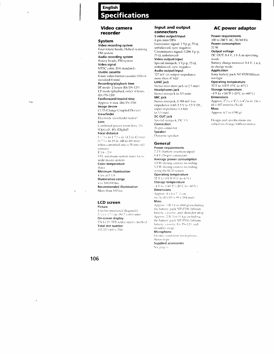 Video camera recorder, System, Lcd screen | Input and output connectors, General, Ac power adaptor, Specifications | Sony CCD-TRV101 User Manual | Page 104 / 118