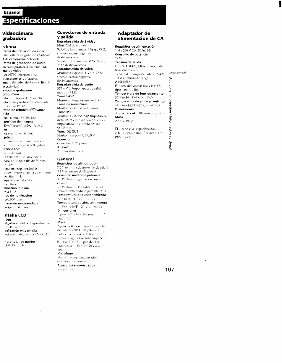 Ideocámara, Grabadora, Sterna | Ntalla lcd, Conectores de entrada y salida, General, Adaptador de alimentación de ca, Specificadones, Ideocámara grabadora | Sony CCD-TRV101 User Manual | Page 105 / 118