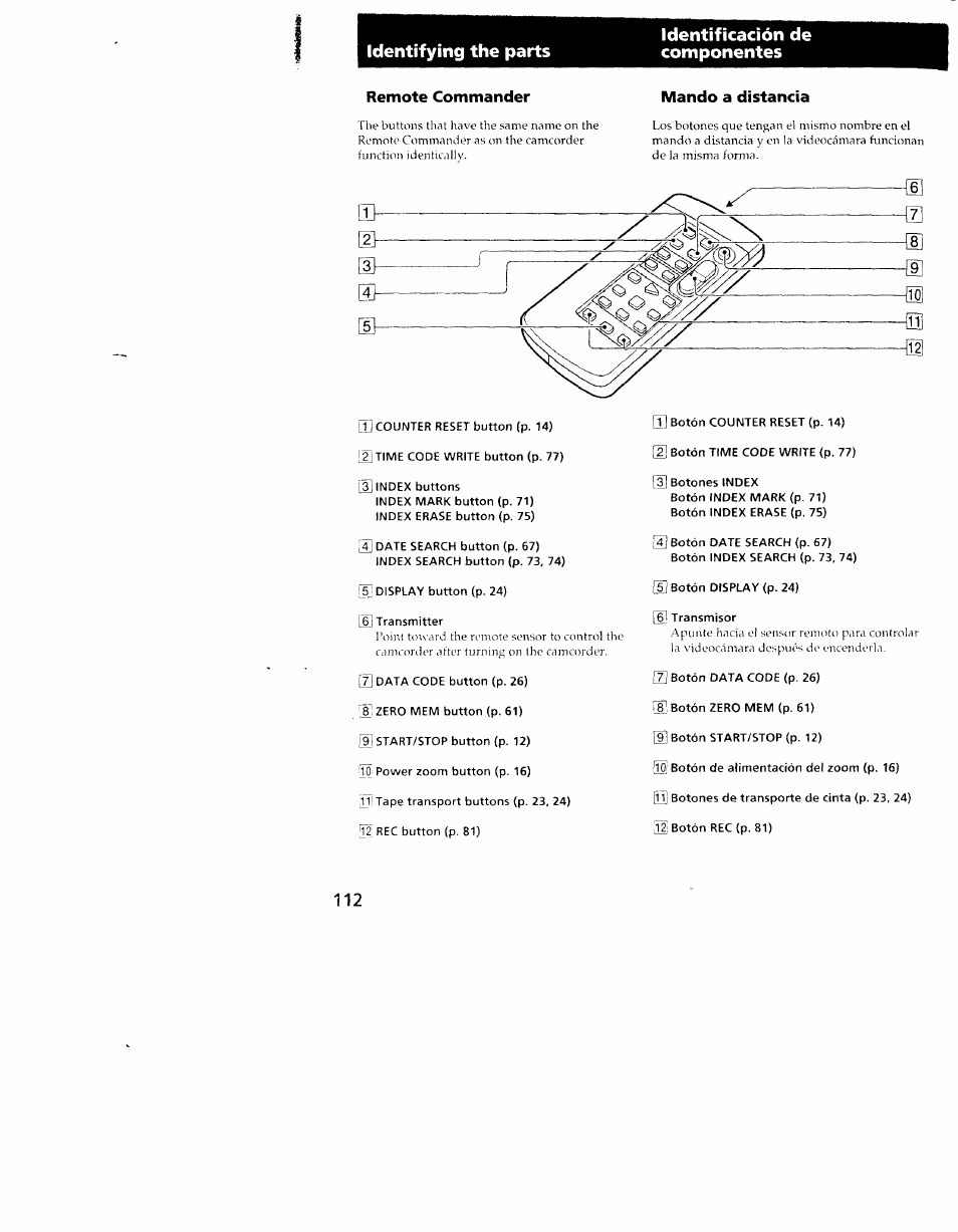 Remote commander, Mando a distancia | Sony CCD-TRV101 User Manual | Page 110 / 118