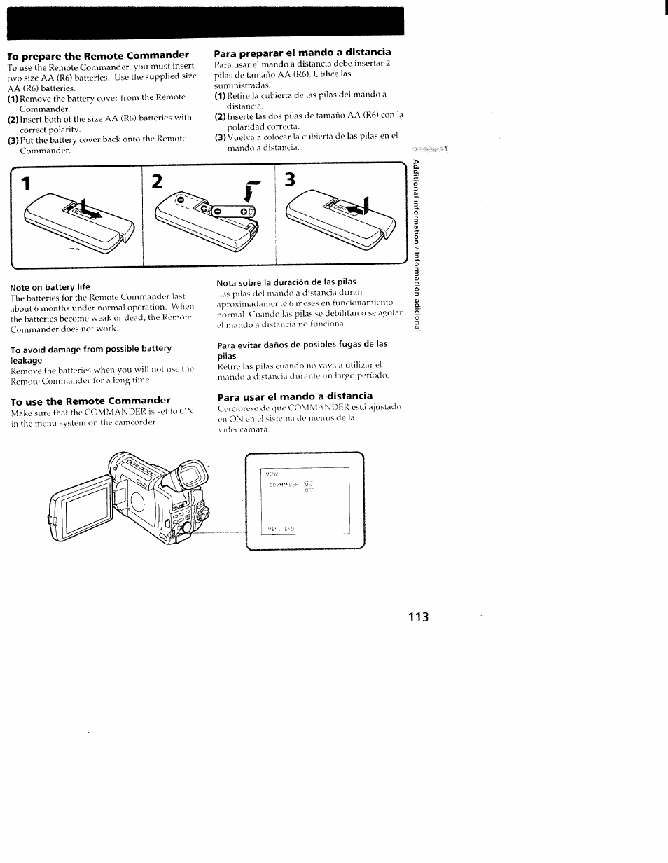To prepare the remote commander, Para preparar el mando a distancia, Note on battery life | To avoid damage from possible battery leakage, To use the remote commander, Nota sobre la duración de las pilas, Para evitar daños de posibles fugas de las pilas, Para usar el mando a distancia | Sony CCD-TRV101 User Manual | Page 111 / 118