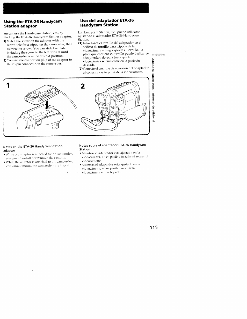 Using the eta-26 handycam station adaptor, Uso del adaptador eta-26 handycam station, Notes on the eta-26 handycam station adaptor | Notas sobre el adaptador eta-26 handycam, Station | Sony CCD-TRV101 User Manual | Page 113 / 118
