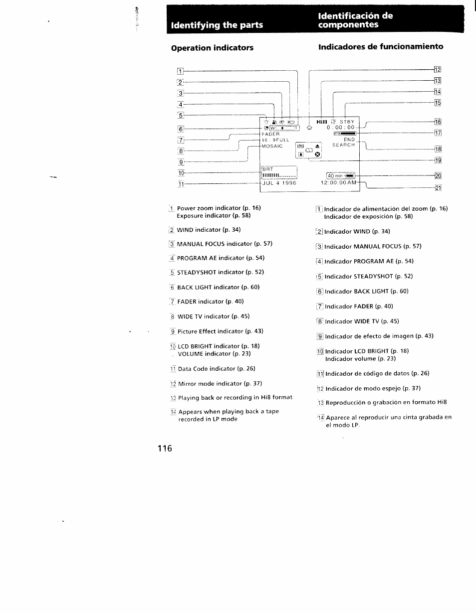 Indicadores de funcionamiento, Identifying the parts, Identificación de componentes | Operation indicators | Sony CCD-TRV101 User Manual | Page 114 / 118