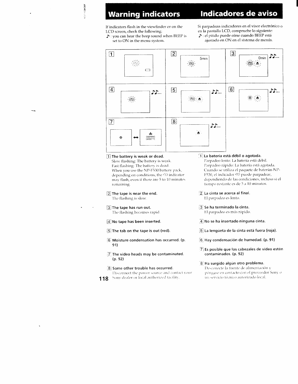 T) the battery is weak or dead, 2j the tape is near the end, 3] the tape has run out | 4] no tape has been inserted, 5] the tab on the tape is out (red), Moisture condensation has occurred, (p. 91), The video heads may be contaminated, (p. 92), 81 some other trouble has occurred, 1] la batería está débil o agotada, La cinta se acerca al final | Sony CCD-TRV101 User Manual | Page 116 / 118