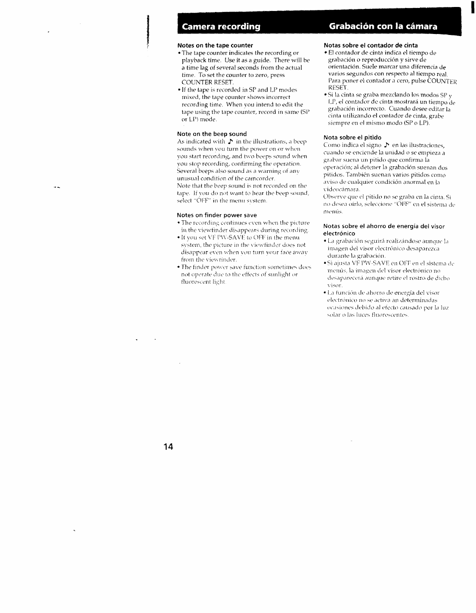 Notes on the tape counter, Note on the beep sound, Notes on finder power save | Notas sobre el contador de cinta, Nota sobre el pitido, Notas sobre el ahorro de energía del visor, Electrónico, Camera recording grabación con la cámara | Sony CCD-TRV101 User Manual | Page 14 / 118
