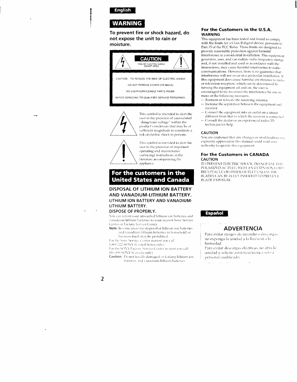 English, For the customers in the u.s.a, Warning | Caution, For the customers in canada, Español, For the customers in the united states and canada, Español advertencia | Sony CCD-TRV101 User Manual | Page 2 / 118