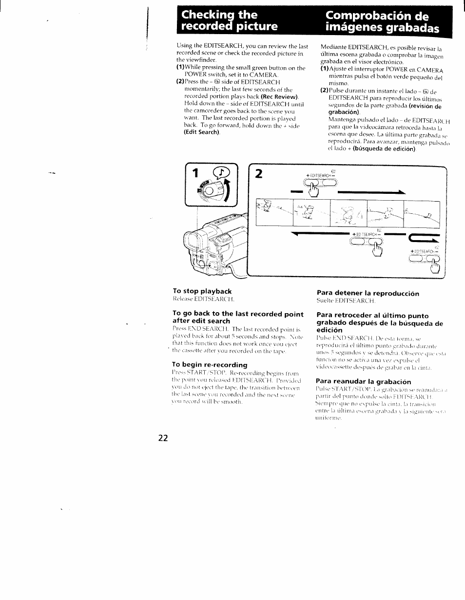 To stop playback, To begin re-recording, Para detener la reproducción | Para reanudar la grabación | Sony CCD-TRV101 User Manual | Page 22 / 118