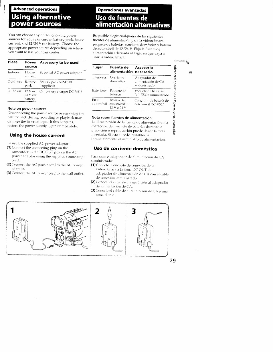 Note on power sources, Using the house current, Nota sobre fuentes de alimentación | Uso de corriente doméstica, Using alternative power sources, Uso de fuentes de alimentación alternativas | Sony CCD-TRV101 User Manual | Page 29 / 118