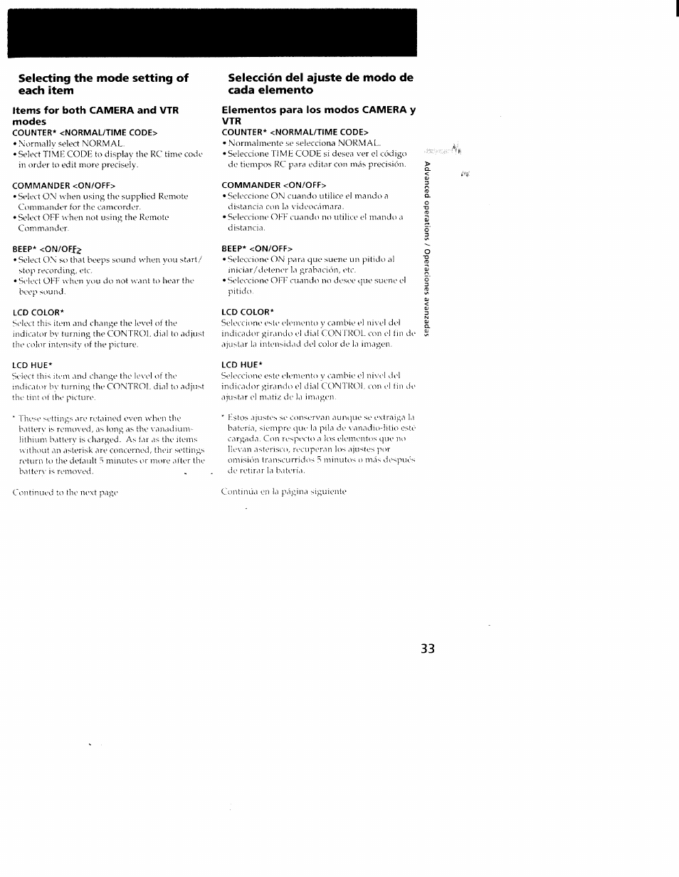 Selecting the mode setting of each item, Items for both camera and vtr, Modes | Counter* <normal/time code, Commander <on/off, Selección del ajuste de modo de cada elemento, Elementos para los modos camera y, Beep* <on/ofi, Lcd color, Lcd hue | Sony CCD-TRV101 User Manual | Page 33 / 118